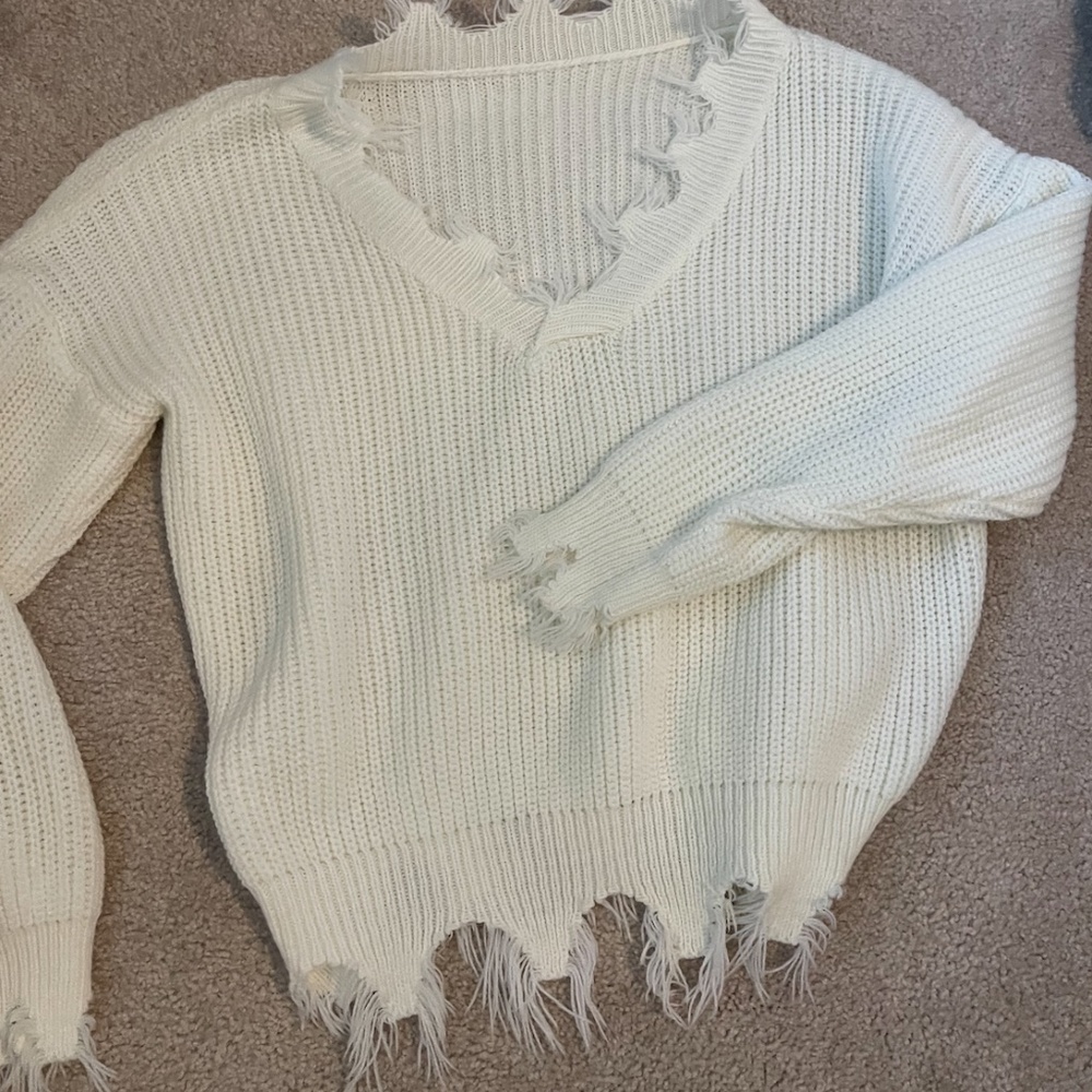 White Cropped Frayed Sweater